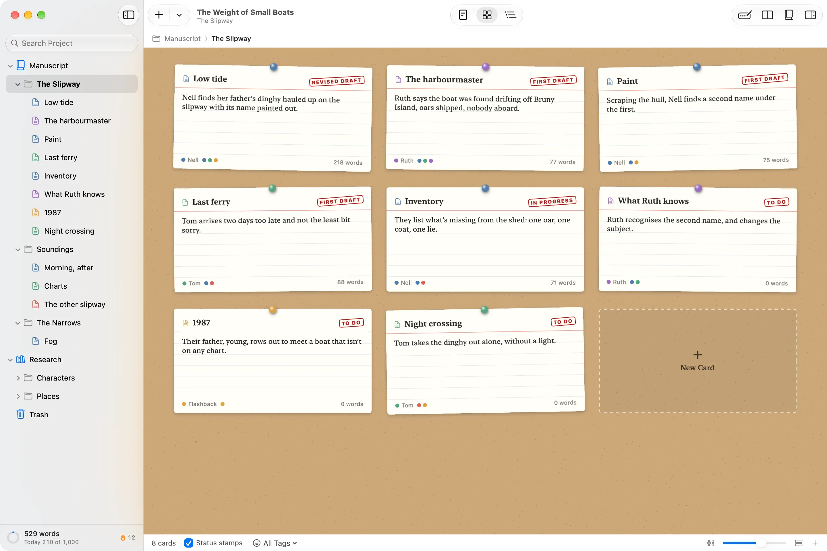 Wryte showing the chapter ‘The Slipway’ as eight index cards pinned to cork, each with a one-line synopsis, a coloured pin for its point of view and a stamp showing how far along it is. The chapters and scenes are listed down the left.