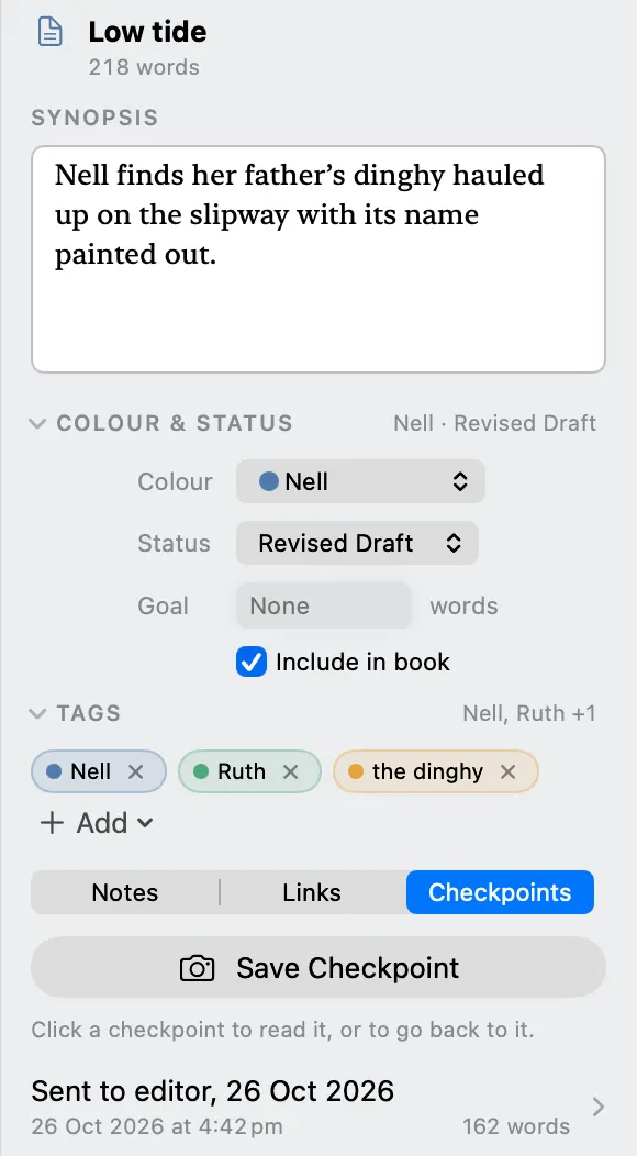 Wryte’s Details panel for the scene ‘Low tide’: synopsis, colour, status, tags, and the Checkpoints tab listing ‘Sent to editor, 26 Oct 2026’.