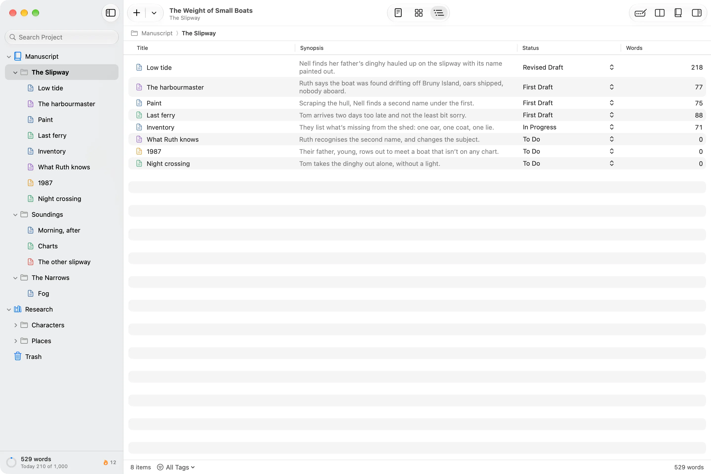 Wryte’s Outline view: the scenes of ‘The Slipway’ in rows with their synopsis, status and word count.