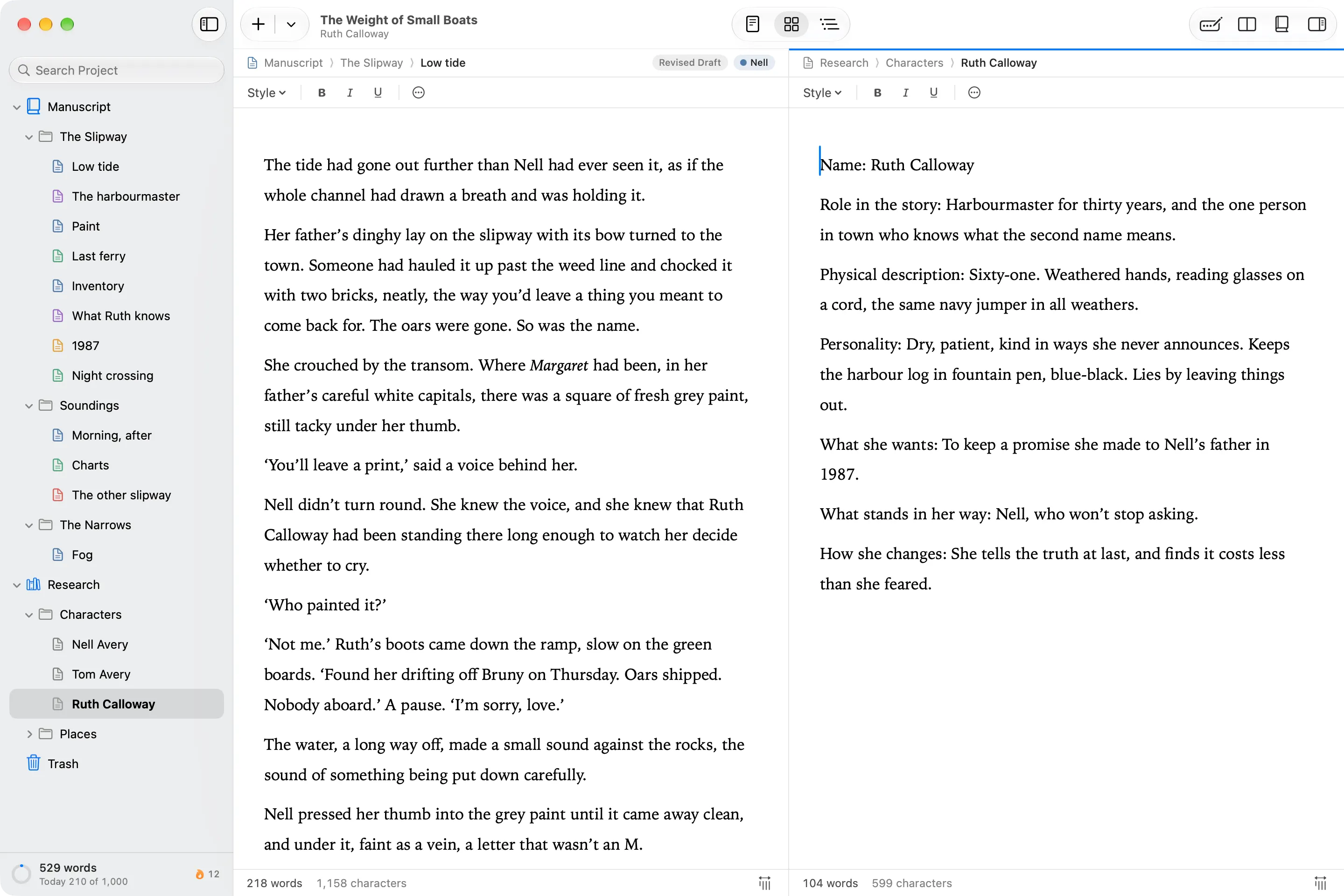 Wryte’s Split Editor: the scene ‘Low tide’ on the left and the character sketch for Ruth Calloway on the right.